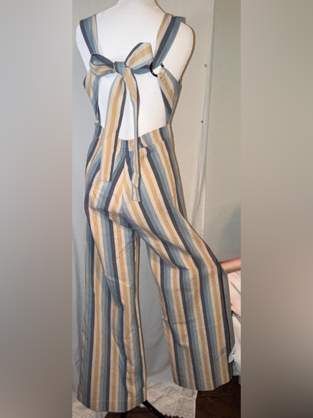 Knot Sisters Striped Linen Blend Wide Leg Jumpsuit Tie Back Boho NWT Small - Picture 5 of 12